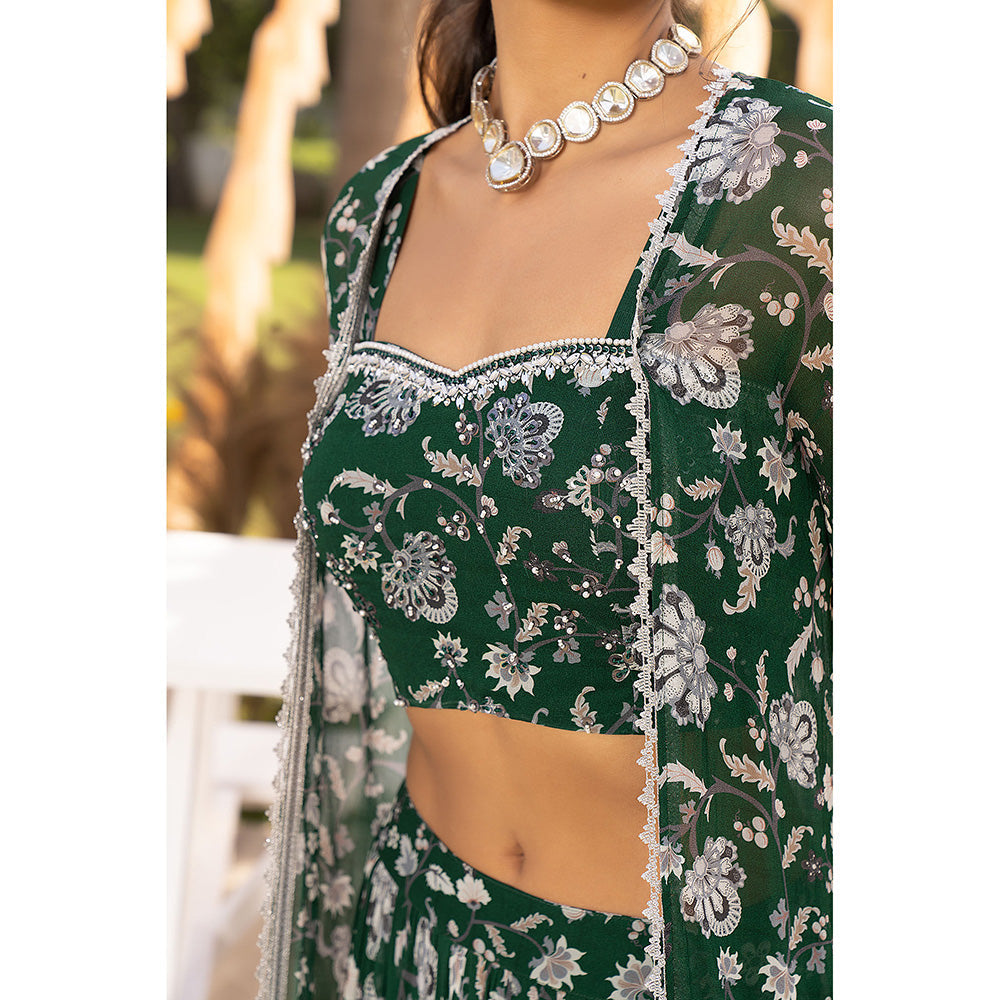 Chhavvi Aggarwal Green Floral Crop Top with Palazzos & Jacket (Set of 3)