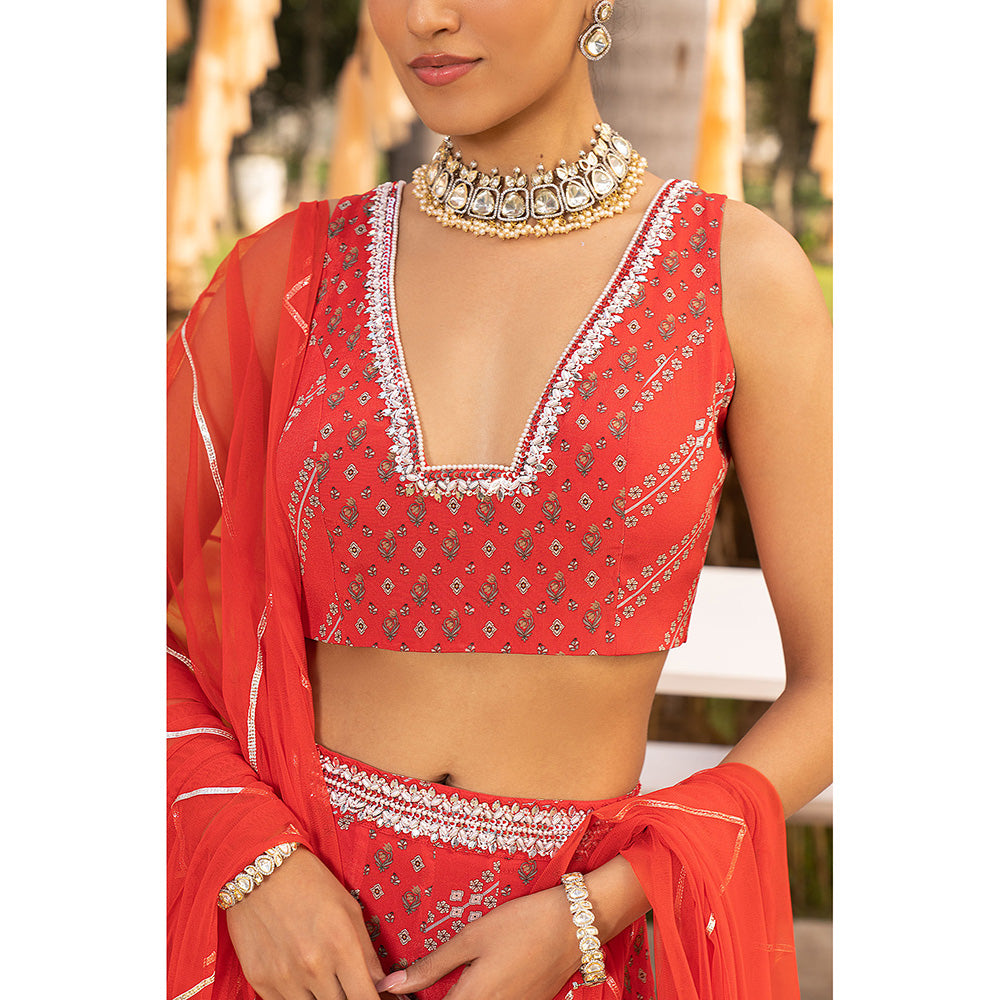 Chhavvi Aggarwal Red Printed Beads and Stone Lehenga with Choli & Dupatta (Set of 3)