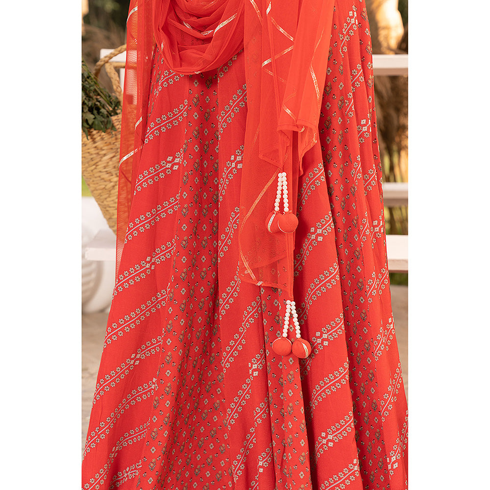 Chhavvi Aggarwal Red Printed Beads and Stone Lehenga with Choli & Dupatta (Set of 3)
