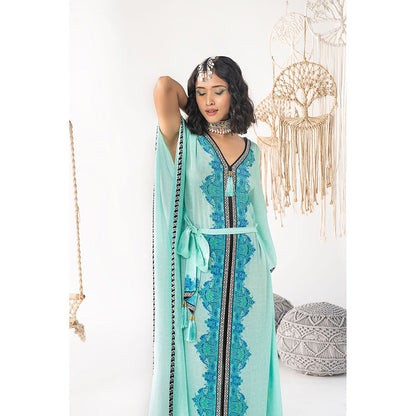 Chhavvi Aggarwal Printed Kaftan Blue Dress with Belt (Set of 2)