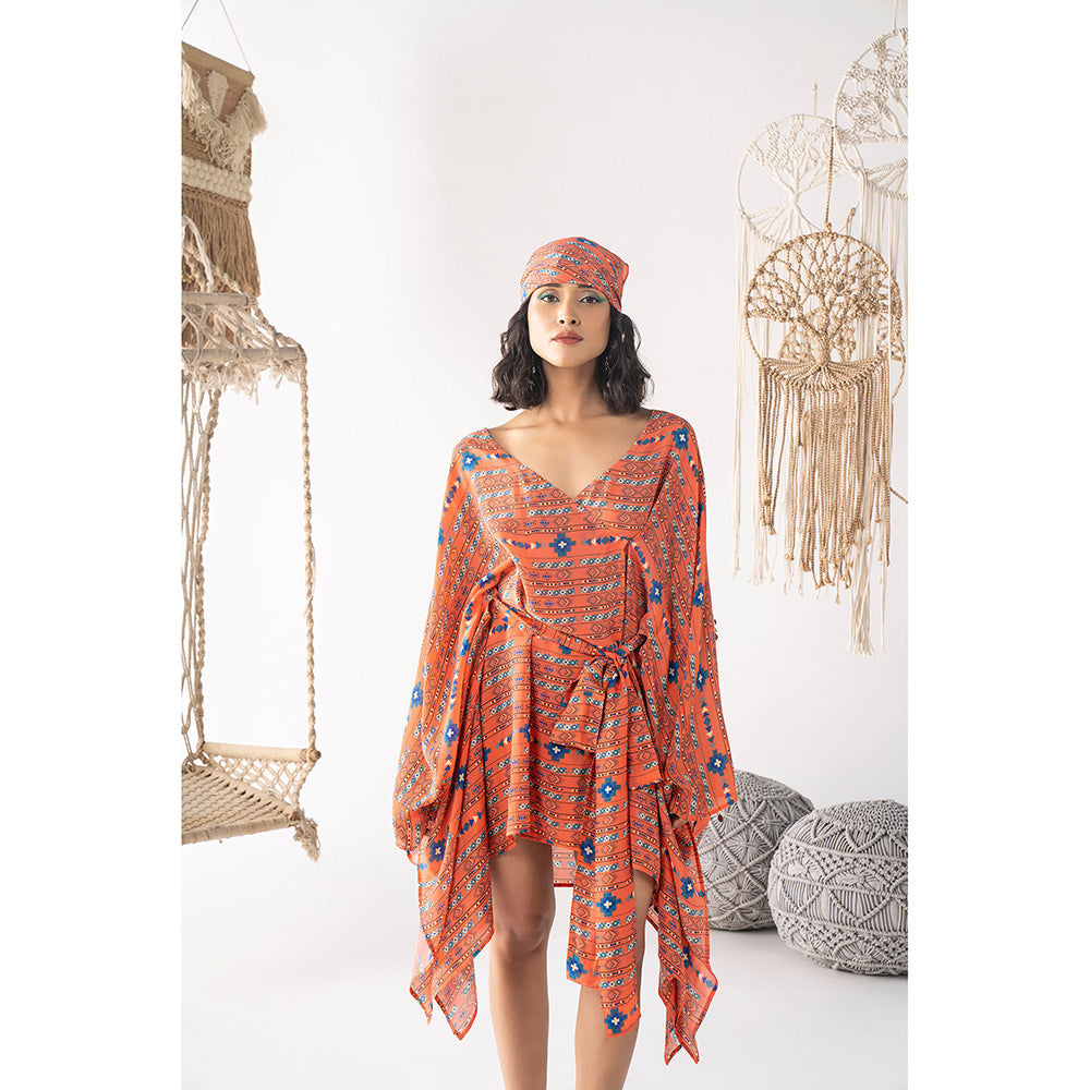 Chhavvi Aggarwal Orange Printed Wrap Dress with Belt (Set of 2)