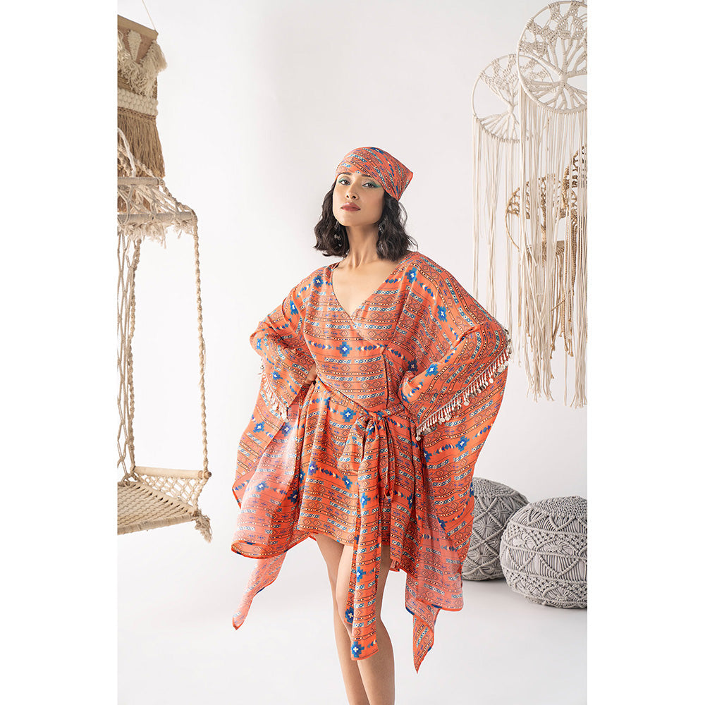 Chhavvi Aggarwal Orange Printed Wrap Dress with Belt (Set of 2)