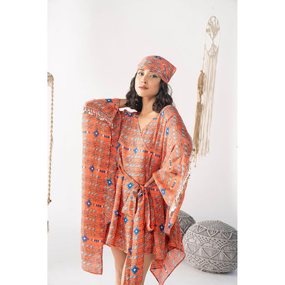 Chhavvi Aggarwal Orange Printed Wrap Dress with Belt (Set of 2)