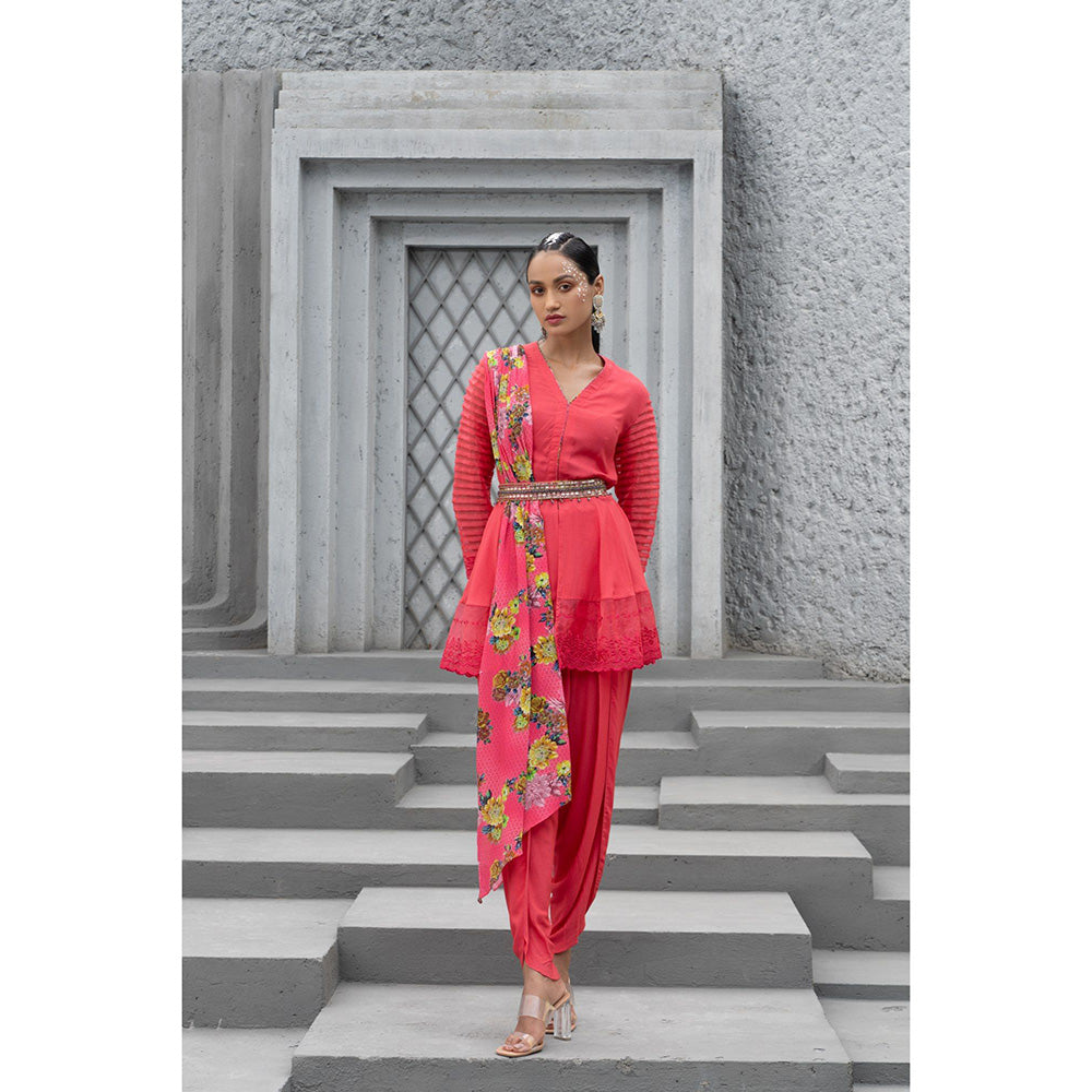 Chhavvi Aggarwal Women Floral Red Tunic with Dhoti & Belt & Dupatta (Set of 3)