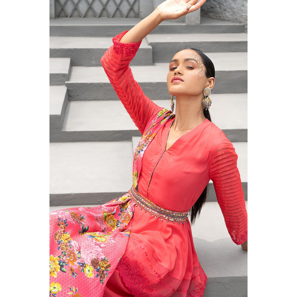 Chhavvi Aggarwal Women Floral Red Tunic with Dhoti & Belt & Dupatta (Set of 3)