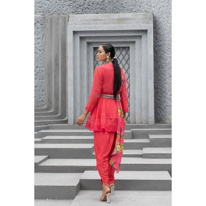 Chhavvi Aggarwal Women Floral Red Tunic with Dhoti & Belt & Dupatta (Set of 3)