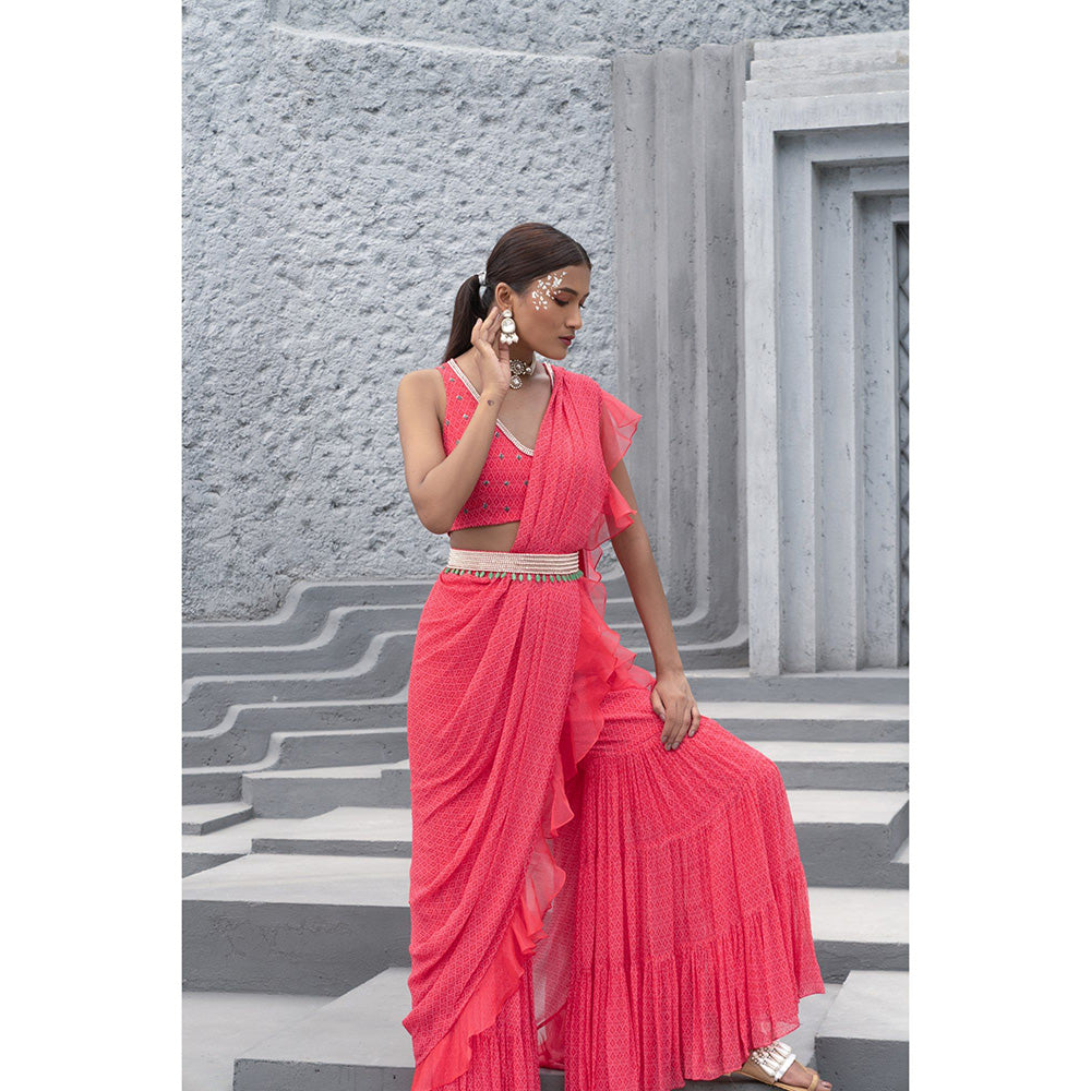 Chhavvi Aggarwal Women Printed Pink Sharara Saree with Blouse & Belt (Set of 3)