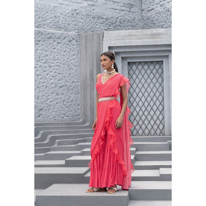 Chhavvi Aggarwal Women Printed Pink Sharara Saree with Blouse & Belt (Set of 3)