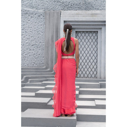 Chhavvi Aggarwal Women Printed Pink Sharara Saree with Blouse & Belt (Set of 3)