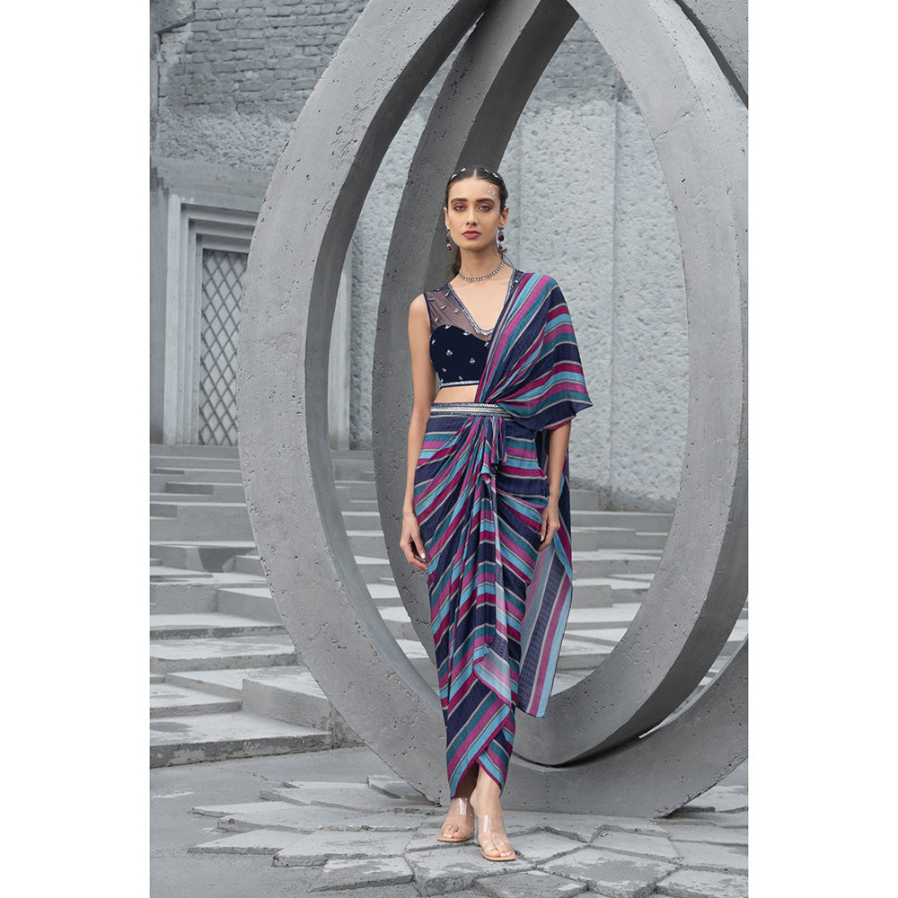 Chhavvi Aggarwal Women Multi-Color Pre-Draped Saree with Stitched Blouse & Belt