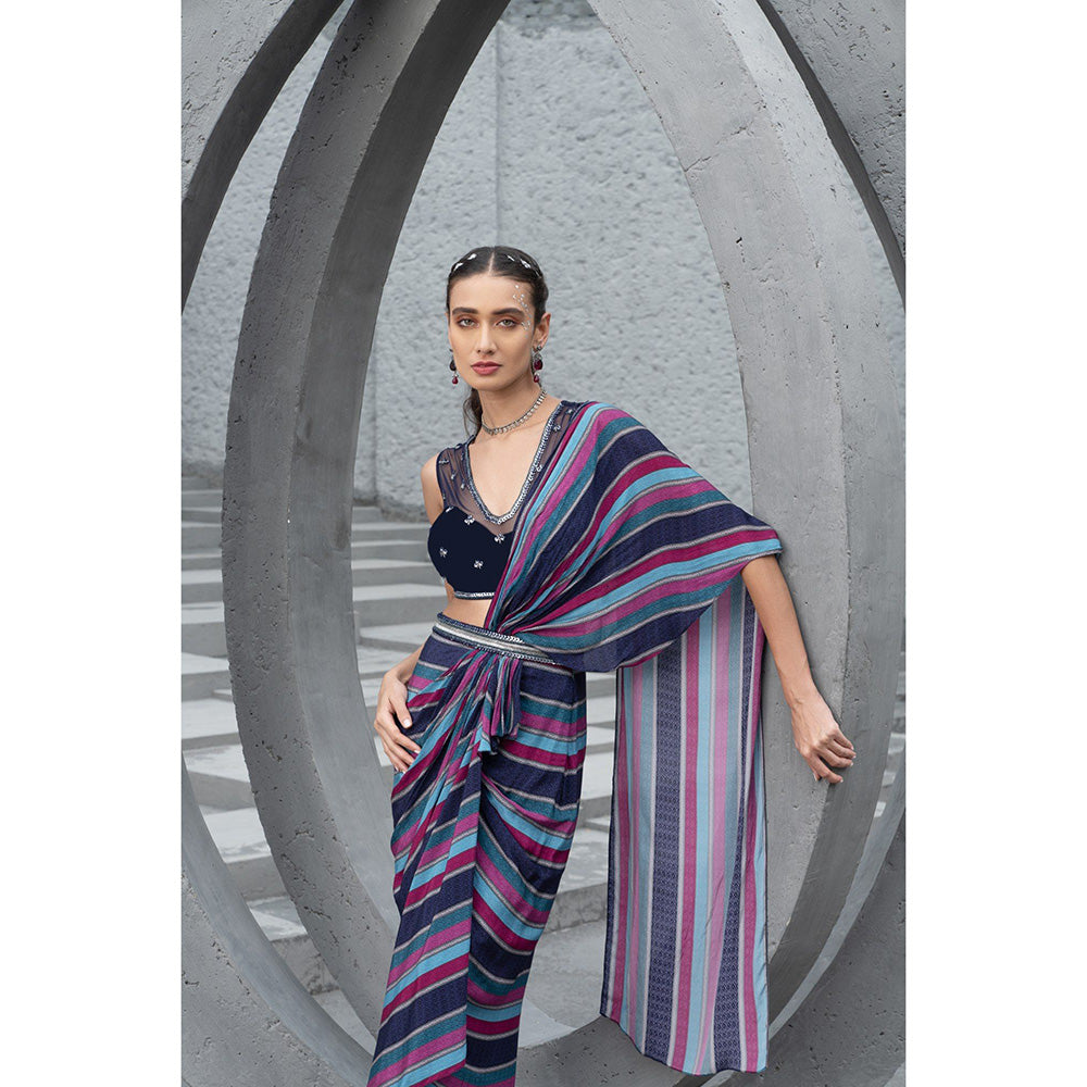 Chhavvi Aggarwal Women Multi-Color Pre-Draped Saree with Stitched Blouse & Belt