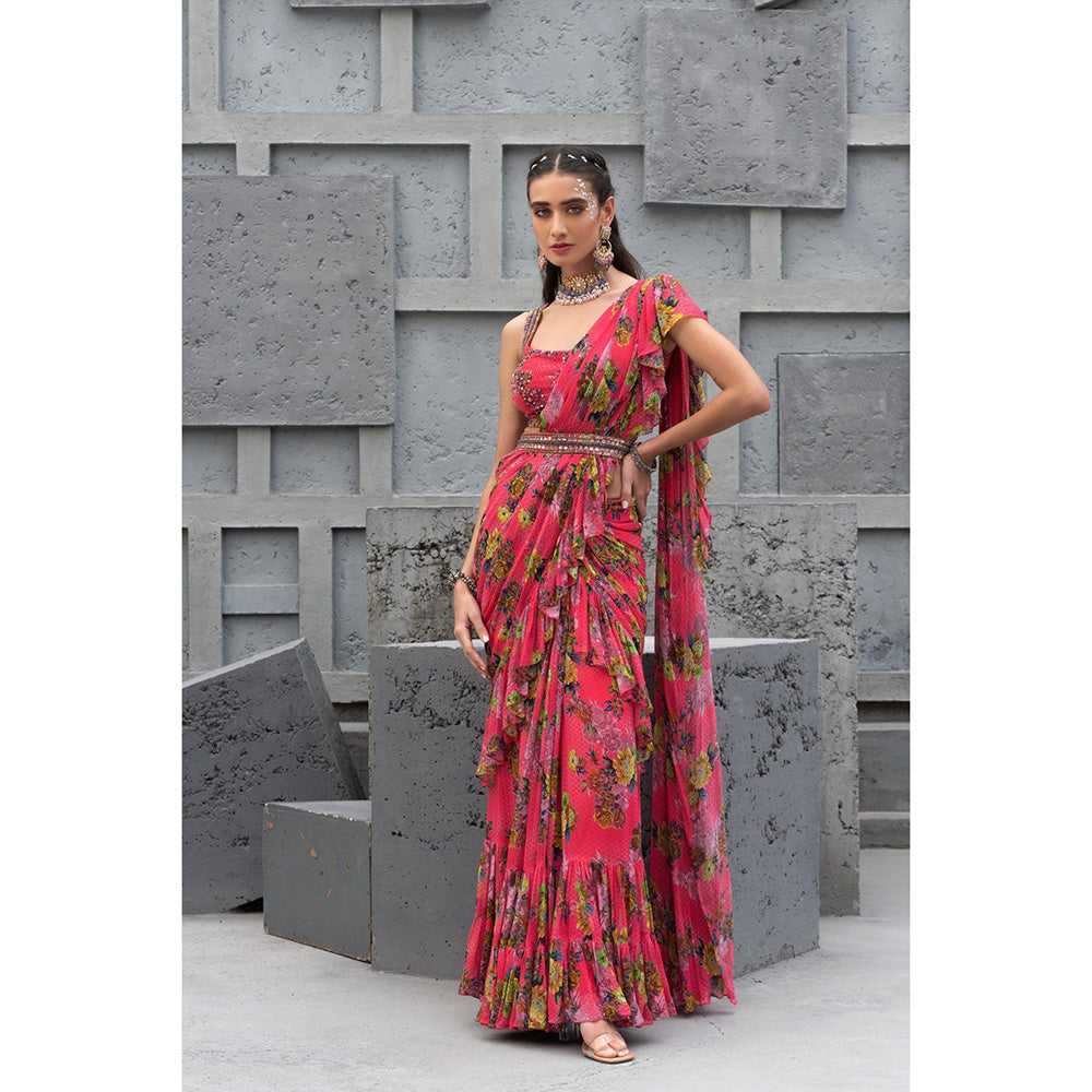 Chhavvi Aggarwal Women Floral Red Pre-Draped Sareewith Stitched Blouse & Belt