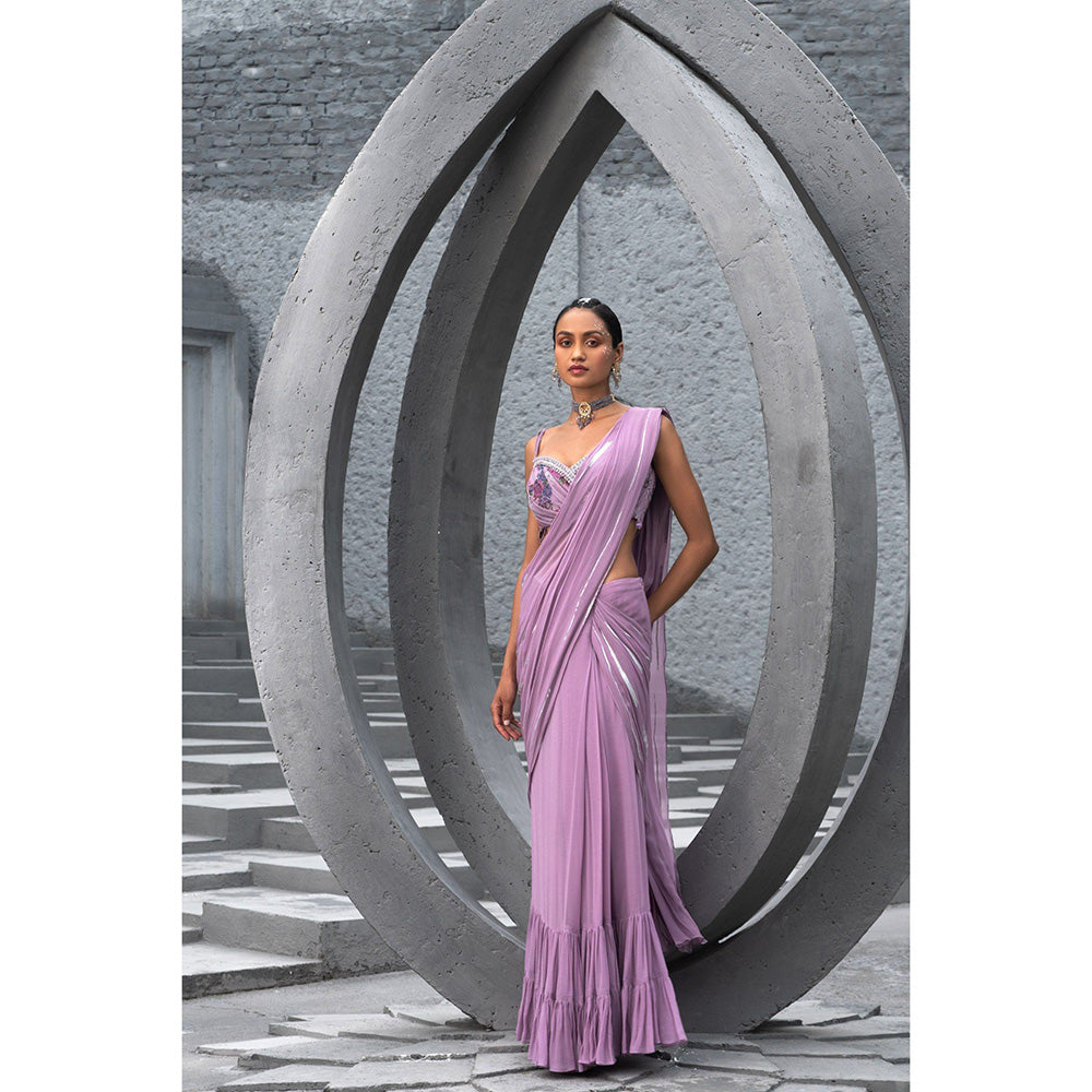 Chhavvi Aggarwal Women Floral Lavender Pre-Draped Saree with Stitched Blouse