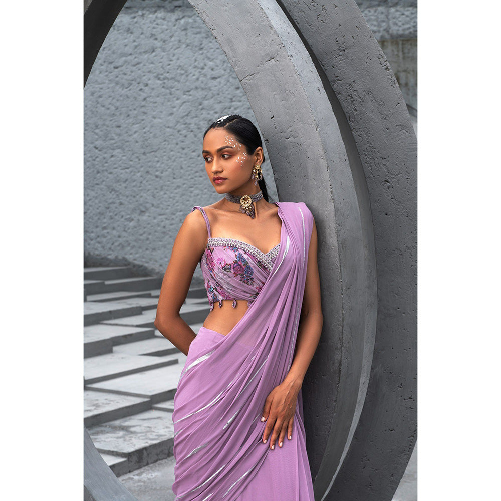 Chhavvi Aggarwal Women Floral Lavender Pre-Draped Saree with Stitched Blouse