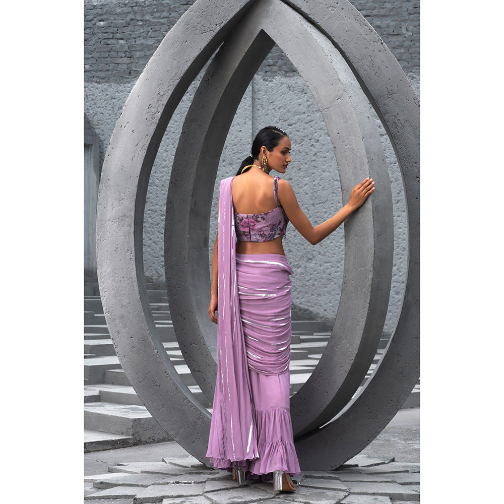 Chhavvi Aggarwal Women Floral Lavender Pre-Draped Saree with Stitched Blouse