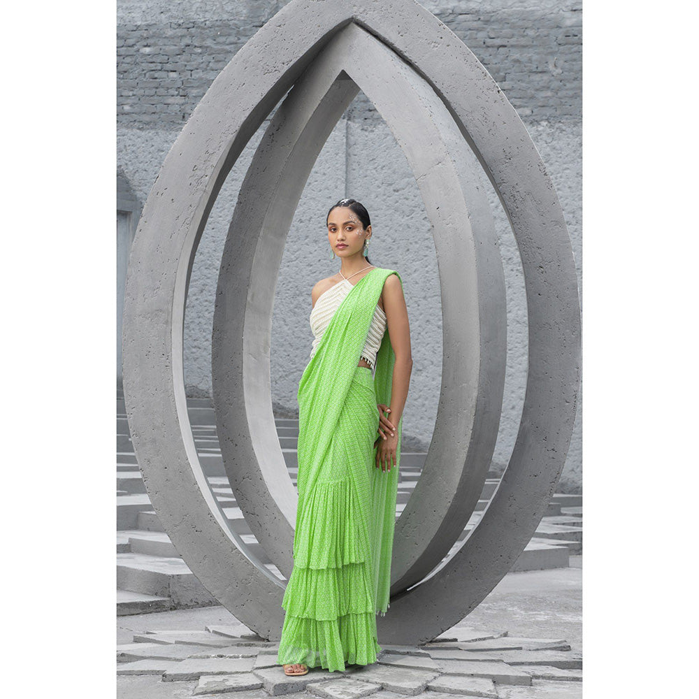 Chhavvi Aggarwal Women Printed Green Pre-Draped Saree with Stitched Blouse