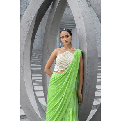 Chhavvi Aggarwal Women Printed Green Pre-Draped Saree with Stitched Blouse