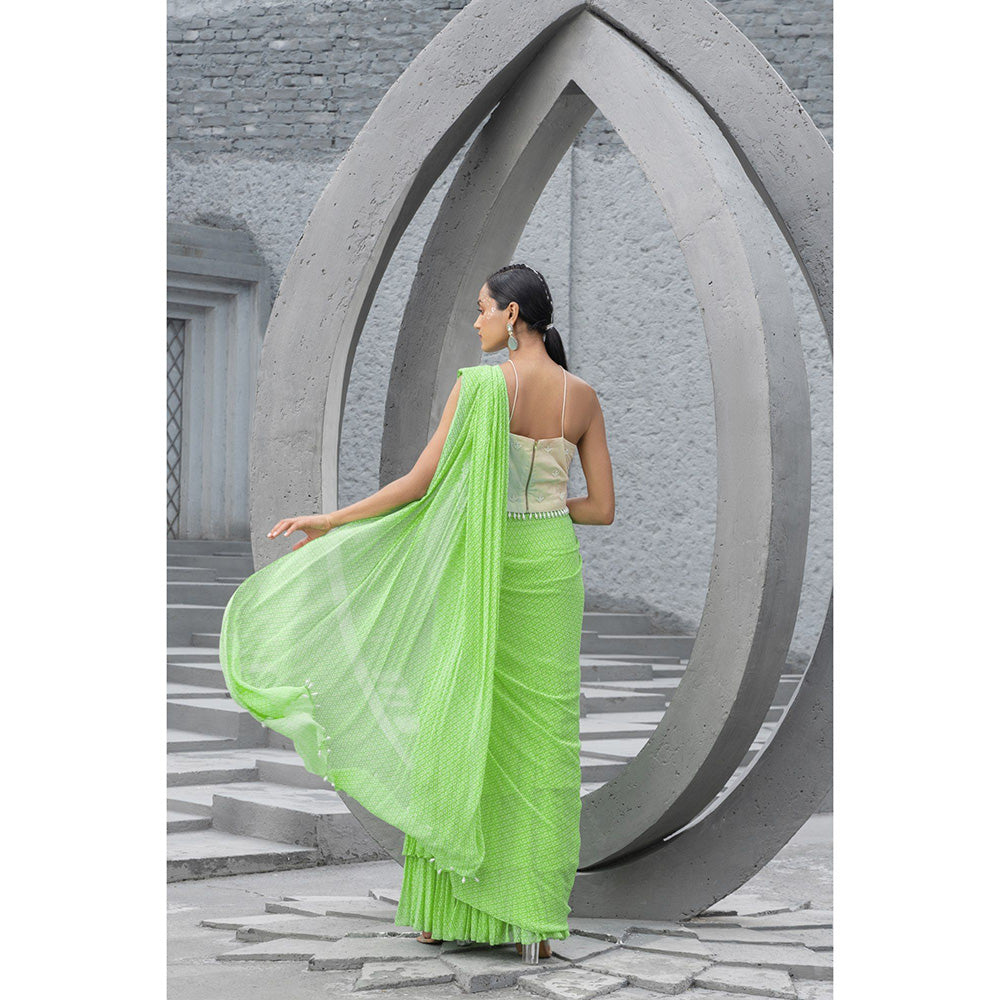 Chhavvi Aggarwal Women Printed Green Pre-Draped Saree with Stitched Blouse