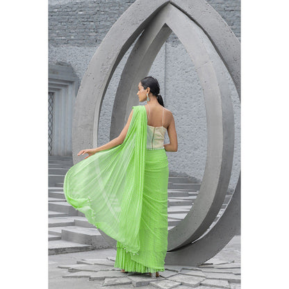 Chhavvi Aggarwal Women Printed Green Pre-Draped Saree with Stitched Blouse