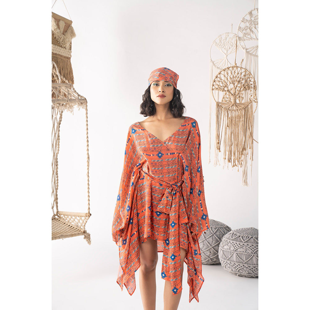 Chhavvi Aggarwal Women Printed Orange Mini Dress with Belt (Set of 2)