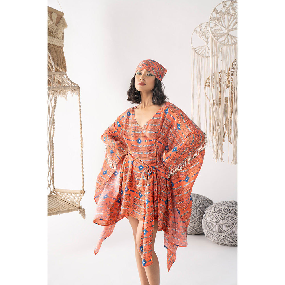 Chhavvi Aggarwal Women Printed Orange Mini Dress with Belt (Set of 2)