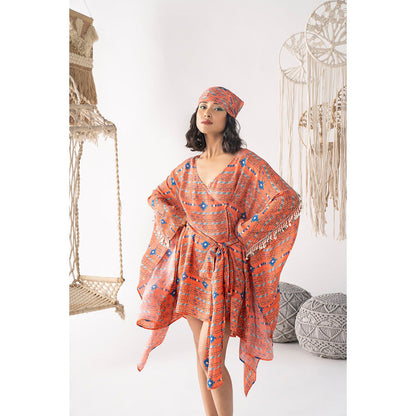 Chhavvi Aggarwal Women Printed Orange Mini Dress with Belt (Set of 2)