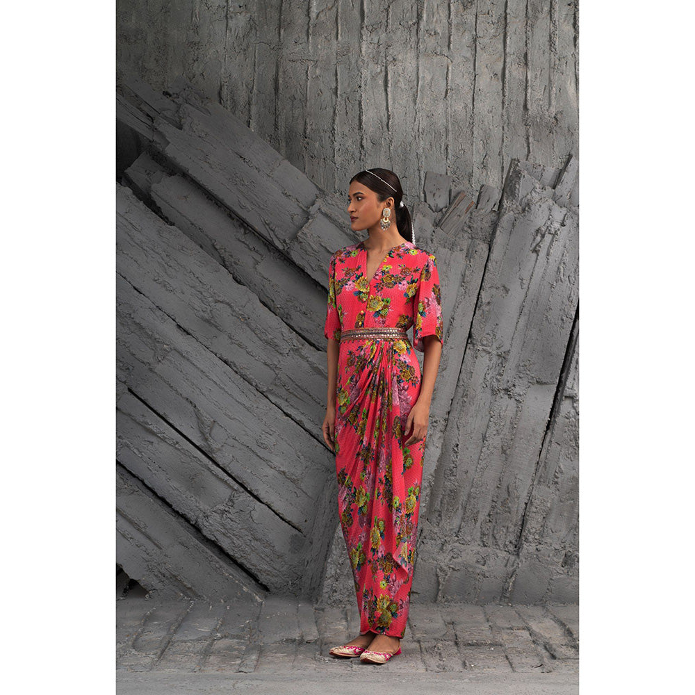 Chhavvi Aggarwal Women Floral Pink Maxi Dress with belt (Set of 2)