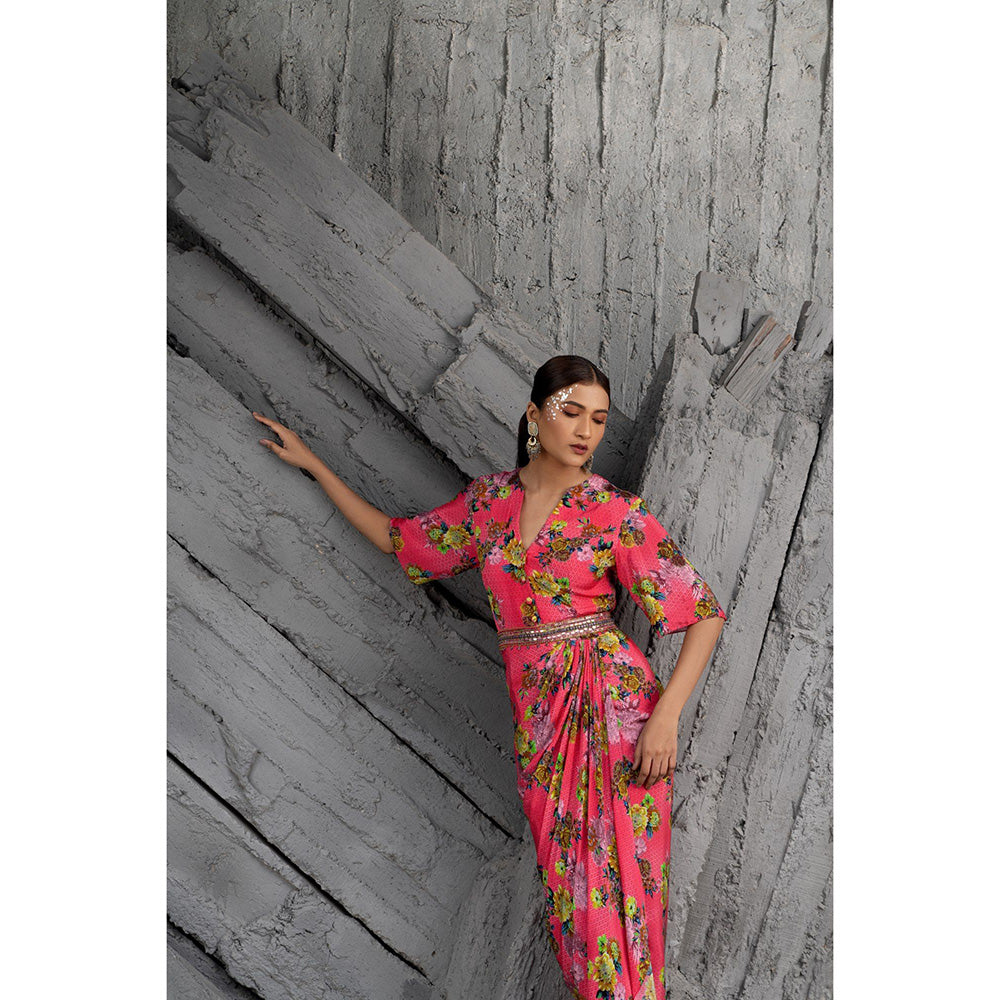 Chhavvi Aggarwal Women Floral Pink Maxi Dress with belt (Set of 2)