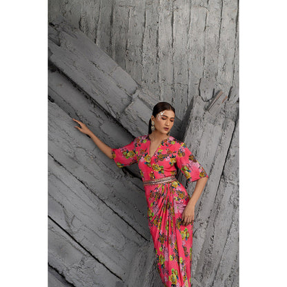 Chhavvi Aggarwal Women Floral Pink Maxi Dress with belt (Set of 2)