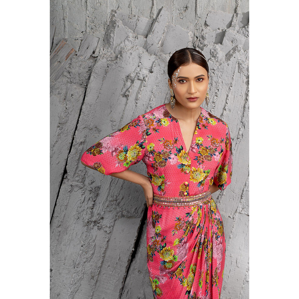 Chhavvi Aggarwal Women Floral Pink Maxi Dress with belt (Set of 2)