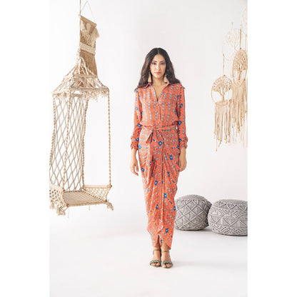 Chhavvi Aggarwal Women Printed Orange Maxi Dress with belt (Set of 2)
