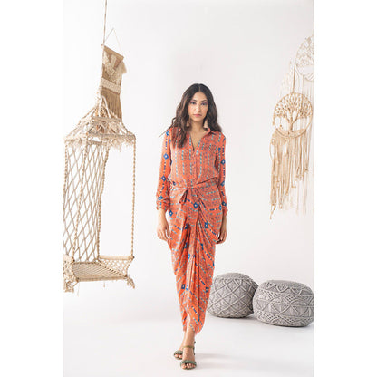 Chhavvi Aggarwal Women Printed Orange Maxi Dress with belt (Set of 2)