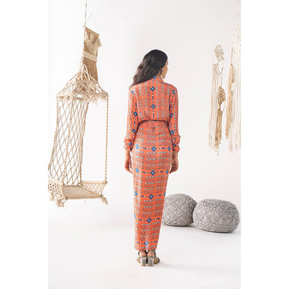 Chhavvi Aggarwal Women Printed Orange Maxi Dress with belt (Set of 2)