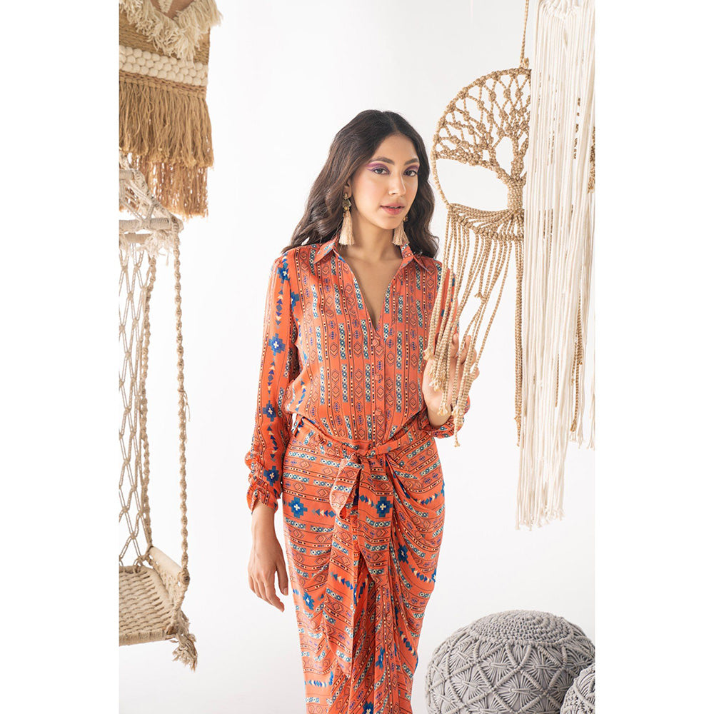 Chhavvi Aggarwal Women Printed Orange Maxi Dress with belt (Set of 2)