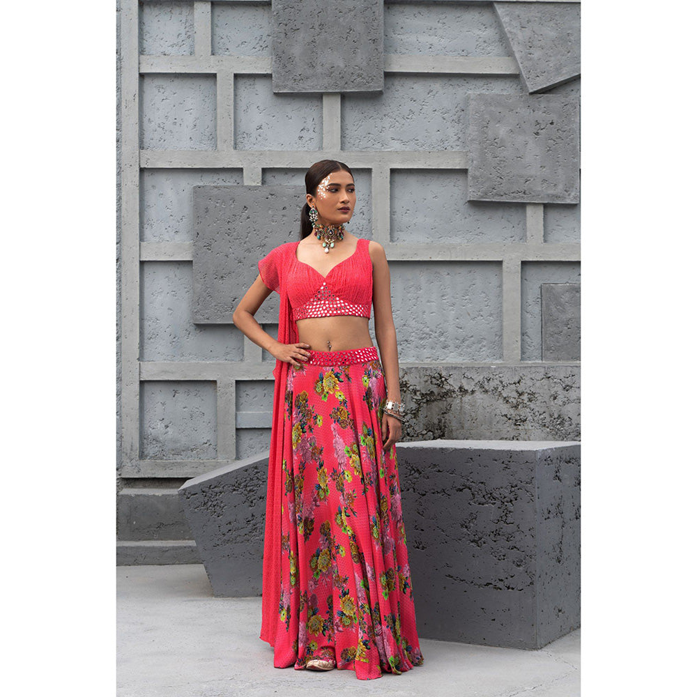 Chhavvi Aggarwal Women Floral Pink Lehenga Choli with Dupatta & Belt (Set of 4)