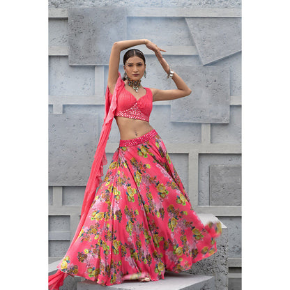 Chhavvi Aggarwal Women Floral Pink Lehenga Choli with Dupatta & Belt (Set of 4)