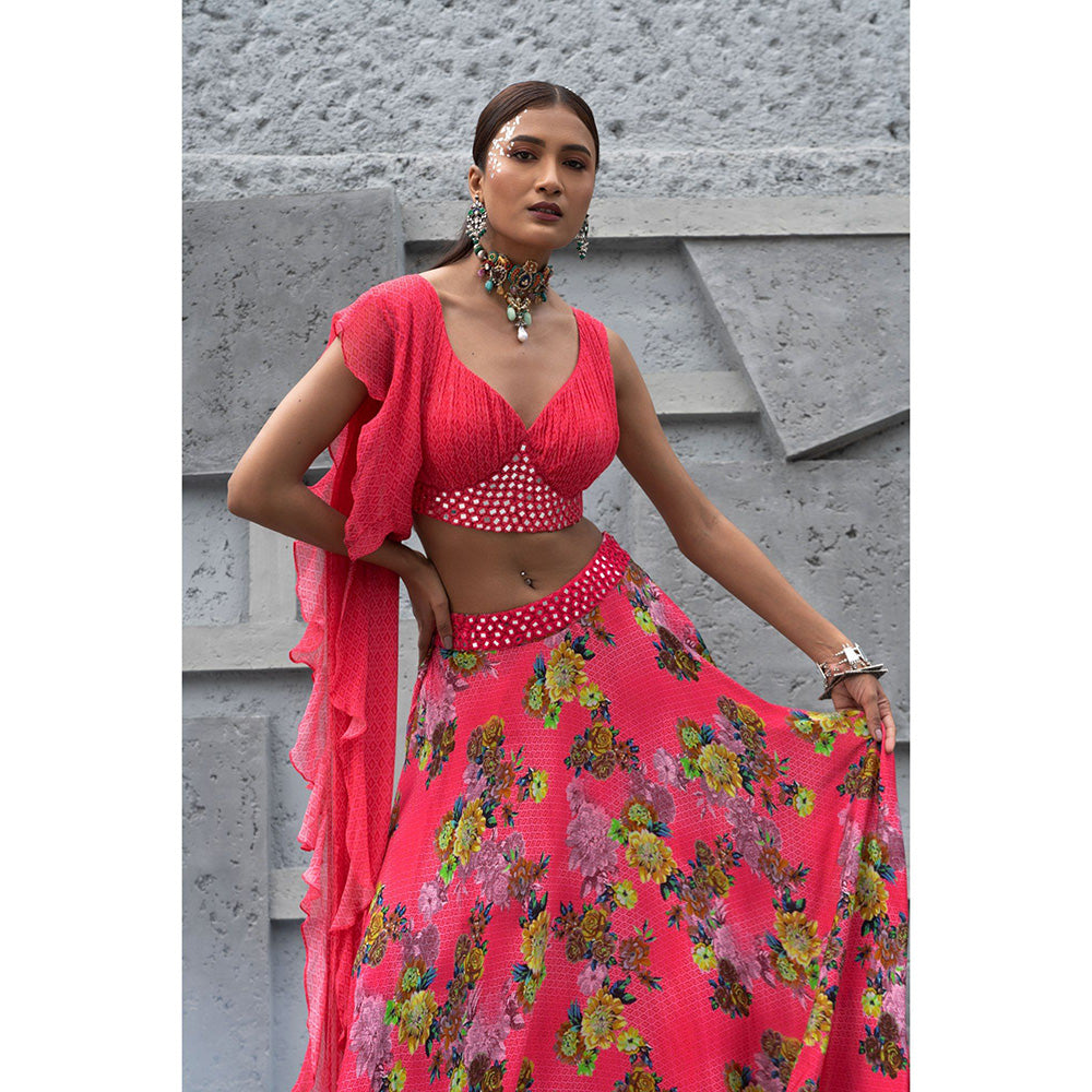 Chhavvi Aggarwal Women Floral Pink Lehenga Choli with Dupatta & Belt (Set of 4)