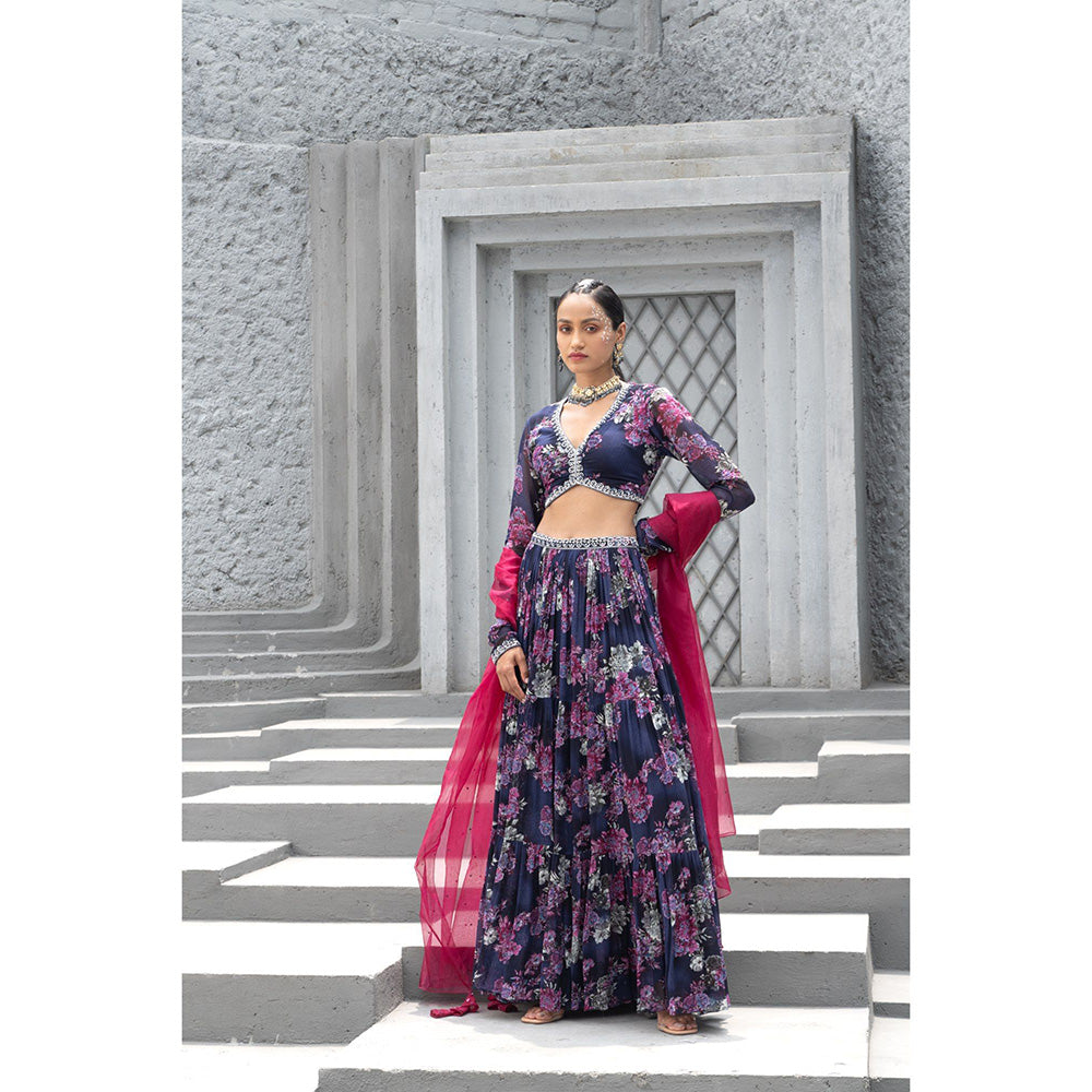 Chhavvi Aggarwal Women Floral Navy Blue Lehenga with Choli & Dupatta (Set of 3)