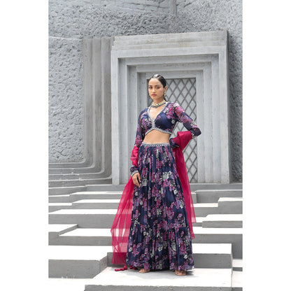 Chhavvi Aggarwal Women Floral Navy Blue Lehenga with Choli & Dupatta (Set of 3)