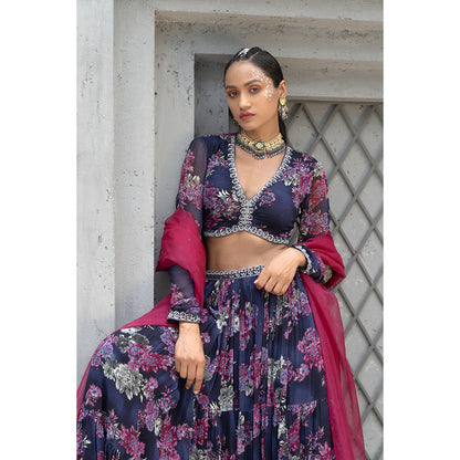 Chhavvi Aggarwal Women Floral Navy Blue Lehenga with Choli & Dupatta (Set of 3)