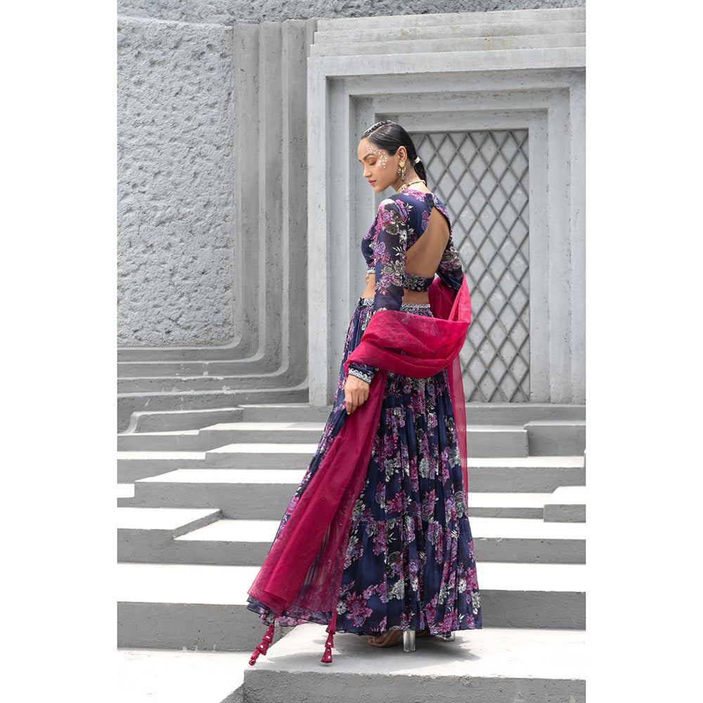 Chhavvi Aggarwal Women Floral Navy Blue Lehenga with Choli & Dupatta (Set of 3)