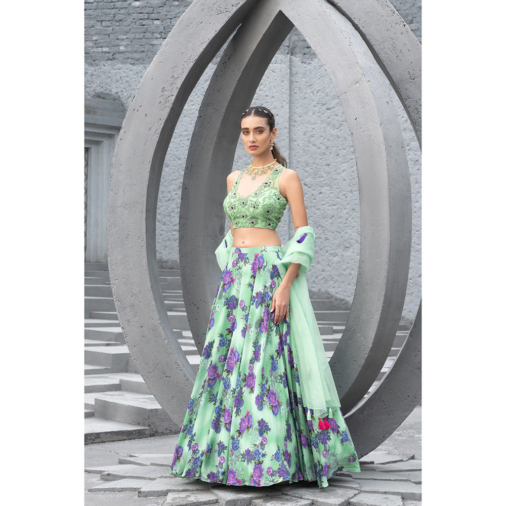 Chhavvi Aggarwal Women Floral Green Lehenga with Choli & Dupatta (Set of 3)