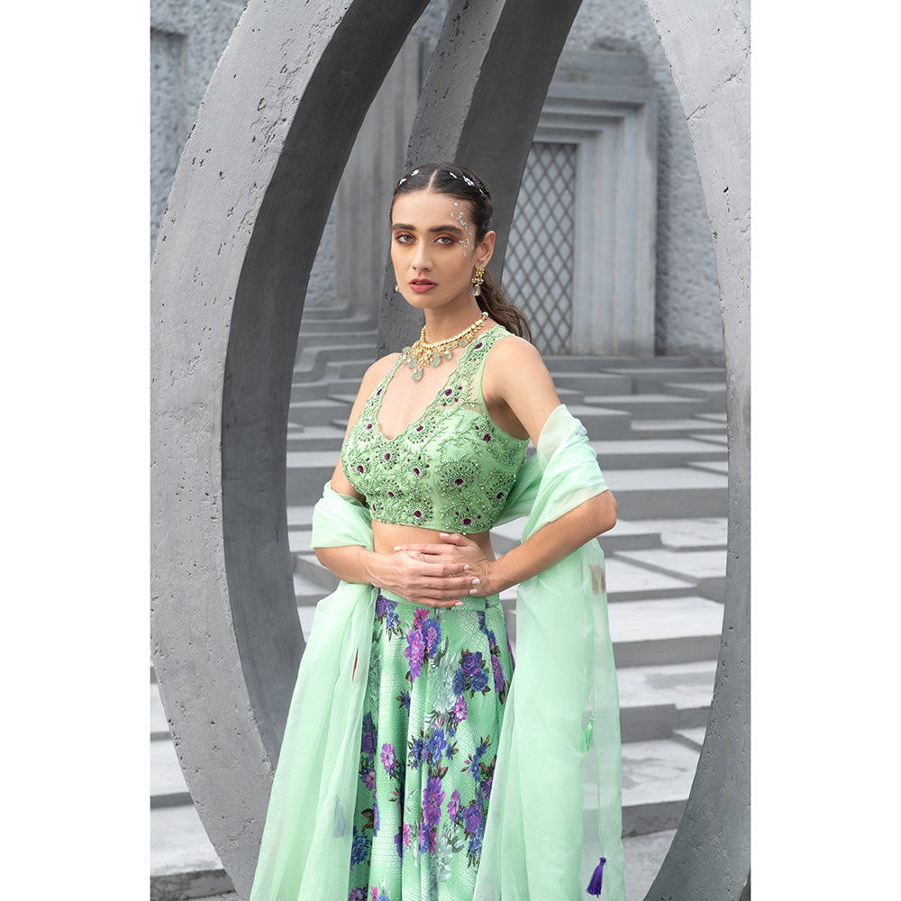 Chhavvi Aggarwal Women Floral Green Lehenga with Choli & Dupatta (Set of 3)