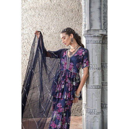 Chhavvi Aggarwal Women Floral Navy Blue Kurti with Sharara & Dupatta (Set of 3)