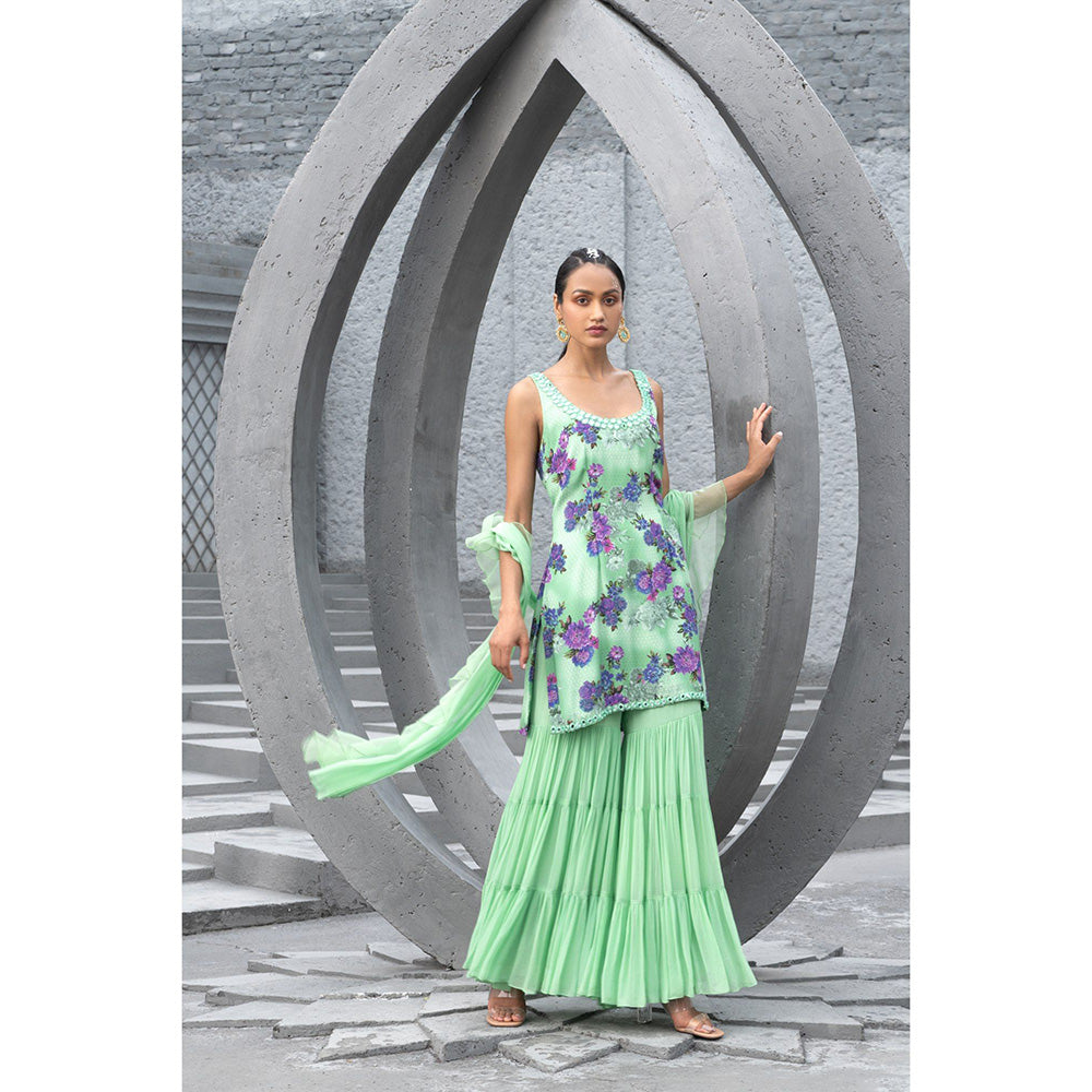 Chhavvi Aggarwal Women Floral Green Kurti with Sharara & Dupatta (Set of 3)