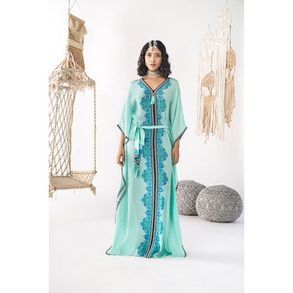 Chhavvi Aggarwal Women Printed Blue Kaftan Dress with Belt (Set of 2)