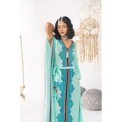 Chhavvi Aggarwal Women Printed Blue Kaftan Dress with Belt (Set of 2)