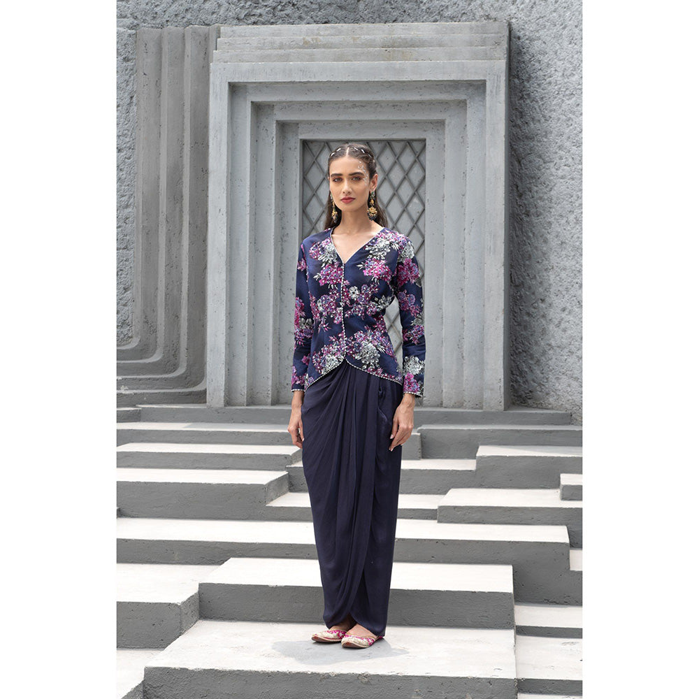 Chhavvi Aggarwal Women Floral Navy Blue Jacket with Skirt (Set of 2)