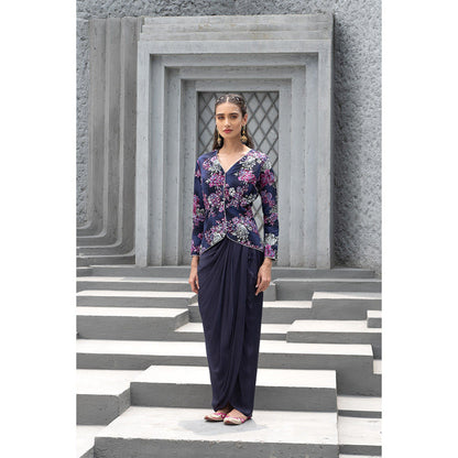 Chhavvi Aggarwal Women Floral Navy Blue Jacket with Skirt (Set of 2)