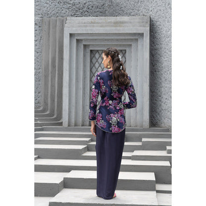 Chhavvi Aggarwal Women Floral Navy Blue Jacket with Skirt (Set of 2)